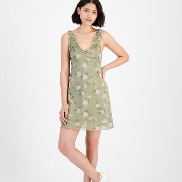 Hippie Rose' Sage floral Ruched Mesh Mini Dress - Picture 3 of 10